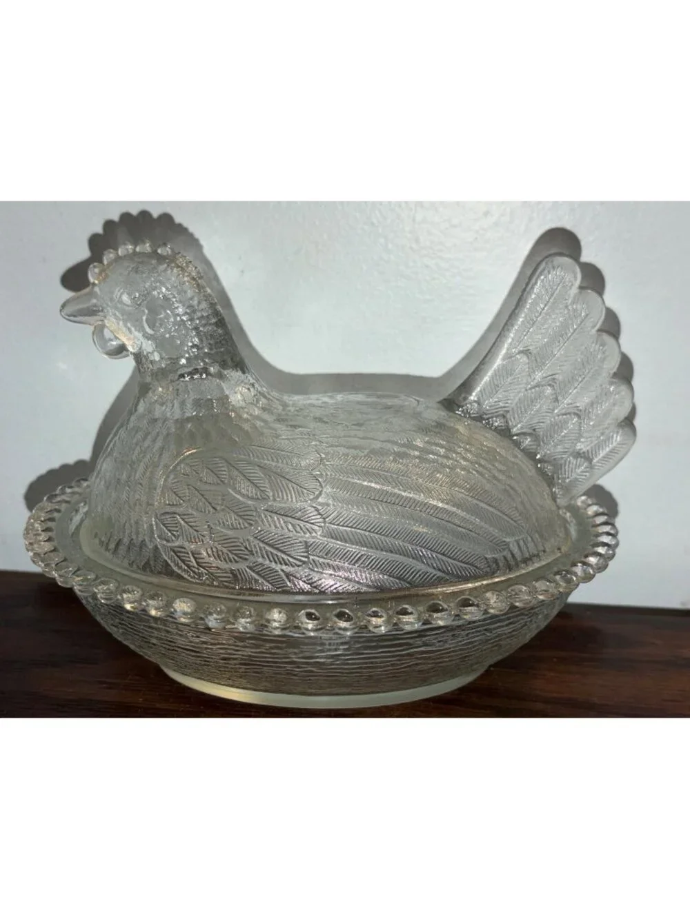 Vintage Indiana Glass Hen On Nest Covered Dish Beaded Edge - Decorative Clear
